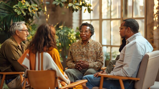 Foto un grupo de personas diversas están sentadas en un círculo teniendo una discusión todos llevan ropa casual y parecen involucrados en la conversación