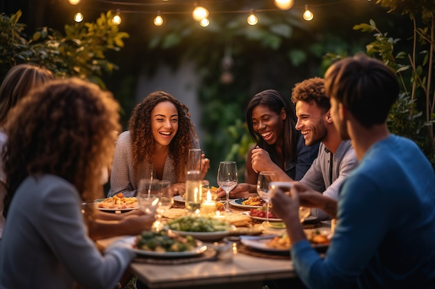 Grupo de personas diversas multiétnicas que se divierten comunicándose entre sí y comiendo en la cena al aire libre IA generativa