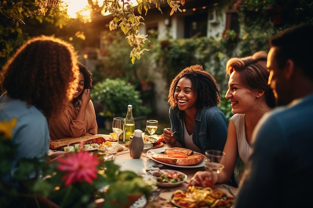 Grupo de personas diversas multiétnicas que se divierten comunicándose entre sí y comiendo en la cena al aire libre IA generativa
