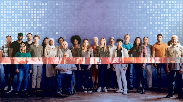 Grupo de personas diversas de pie frente a una pared de ladrillo