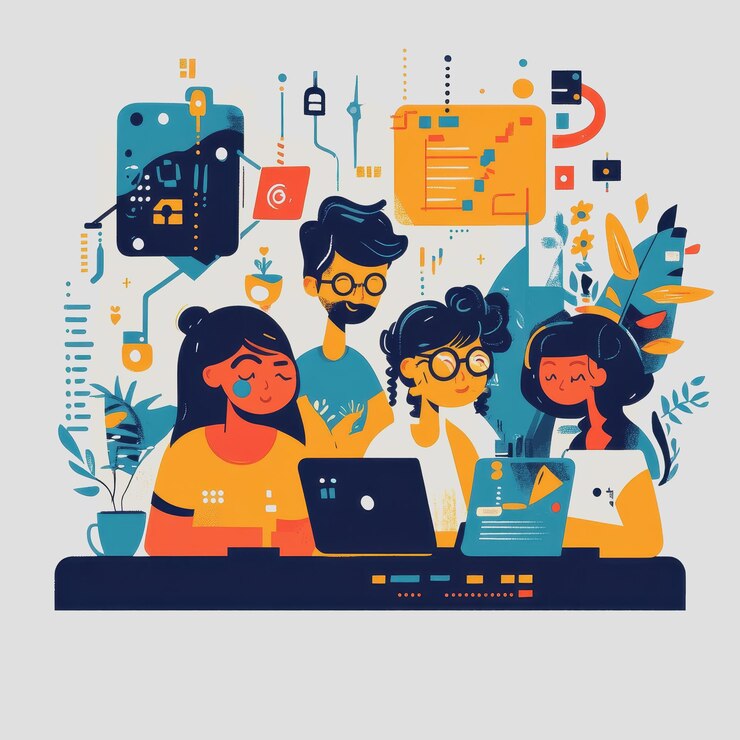Foto grupo de personas diversas que colaboran en un espacio de trabajo creativo con tecnología y plantas que mejoran un entorno productivo