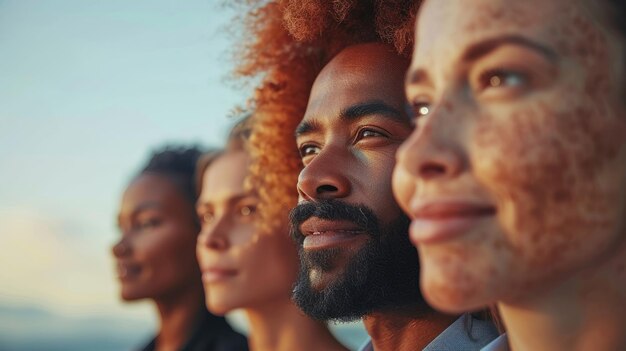 Grupo de personas diversas que miran hacia adelante