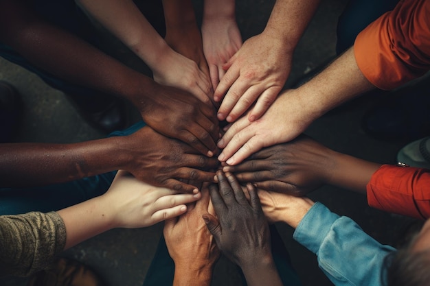 Grupo de personas diversas que se toman de la mano en un círculo Concepto de unidad Primer plano de personas diversas uniendo sus manos Vista superior Generada por IA