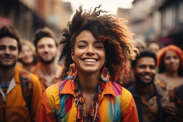 Un grupo de personas diversas que visten trajes de colores brillantes que simbolizan la unidad y la armonía.