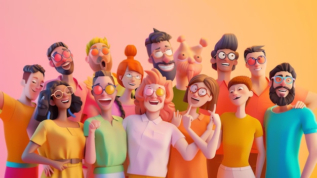 Un grupo de personas diversas con ropa de colores y gafas de sol posan juntas en una variedad de poses felices y emocionadas