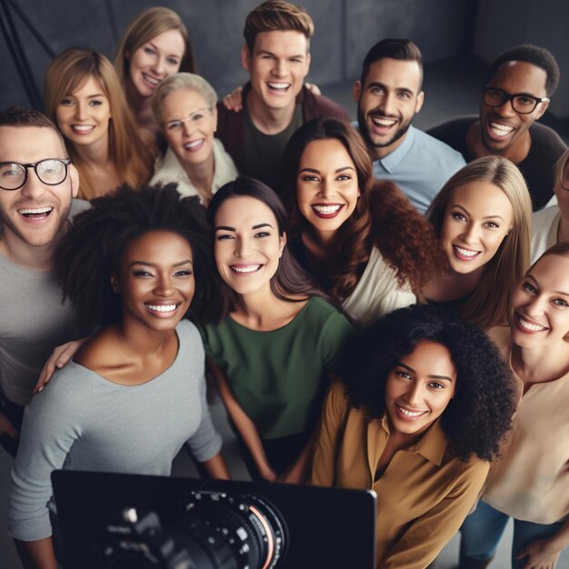 Grupo de personas diversas sonriendo y posando para una foto