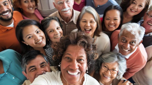 Un grupo de personas diversas de todas las edades están sonriendo y riendo juntos