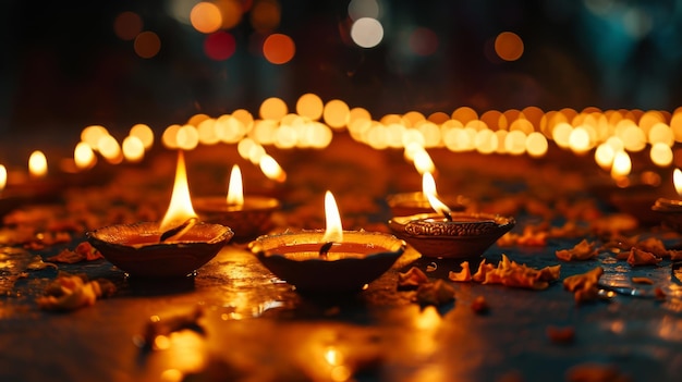 Grupo de personas encendiendo velas en la oscuridad de Diwali