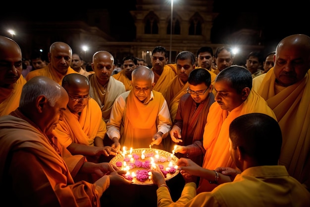 Un grupo de personas enciende velas en círculo.