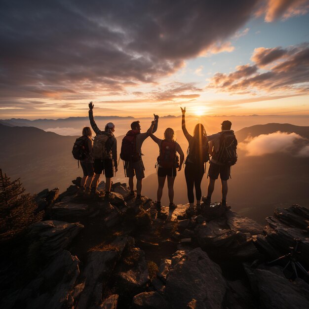 un grupo de personas se encuentra en la cima de una montaña con el sol detrás de ellos.