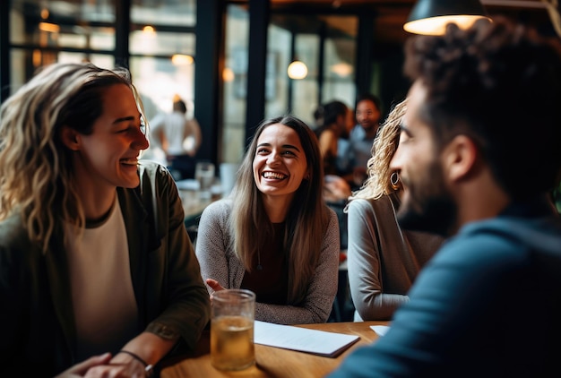 Un grupo de personas entablando una animada conversación alrededor de una mesa.