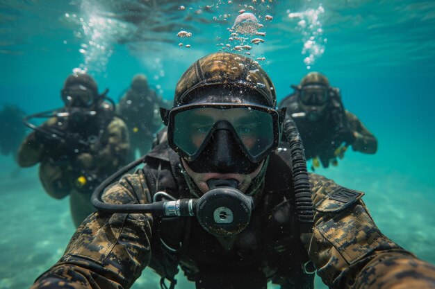 Grupo de personas con equipo de buceo en el agua Entrenamiento submarino de soldados de las fuerzas especiales que muestran sus habilidades de buzeo AI Generado