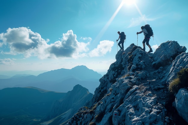 Un grupo de personas escalando la ladera de una montaña aprovechando la determinación mientras un excursionista ayuda a otro a escalar el pico generado por la IA