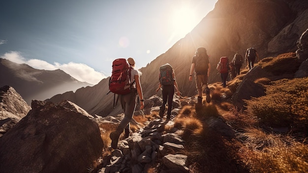 un grupo de personas escalando una montaña con una montaña al fondo.