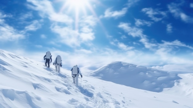 Un grupo de personas escalando una montaña nevada.