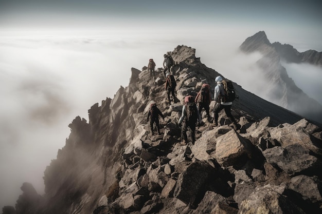 Un grupo de personas escalando una montaña con la niebla de fondo.