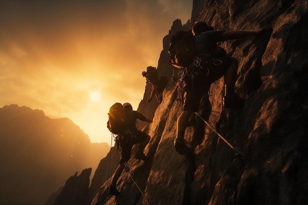 Un grupo de personas escalando una montaña con el sol detrás de ellos.