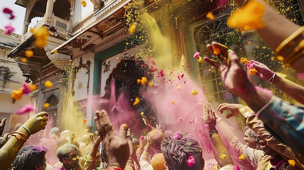 Un grupo de personas está celebrando la fiesta hindú Holi se están lanzando polvo de colores el uno al otro y bailando al ritmo de la música