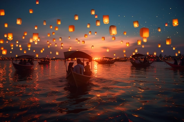 Un grupo de personas está flotando en un bote con un cielo lleno de linternas flotando sobre ellos.