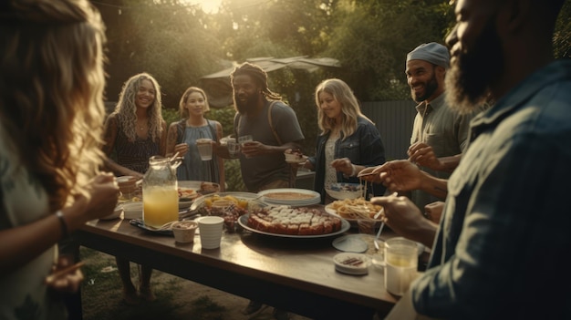 Un grupo de personas está reunida alrededor de una mesa con comida y bebidas.