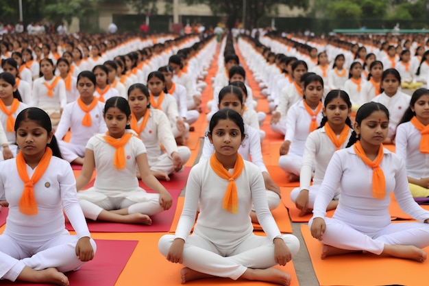 Un grupo de personas está sentada en una colchoneta de yoga y una lleva una bufanda naranja Día Internacional o