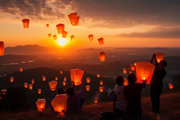 Un grupo de personas está sentada en una colina con linternas volando en el cielo.