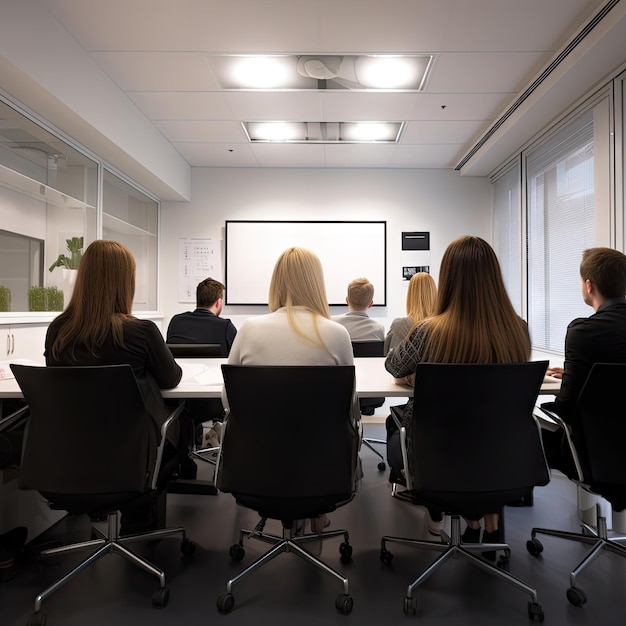 Un grupo de personas está sentada en una sala de reuniones, una de ellas lleva una camisa blanca.