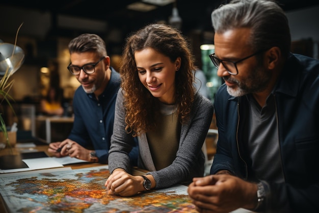 Un grupo de personas está sentado en una mesa con un mapa que dice "a la derecha".