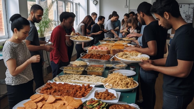 Un grupo de personas está sirviendo comida en una mesa de buffet.