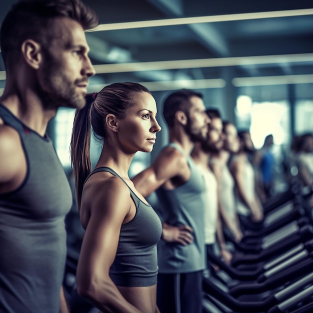 un grupo de personas están alineadas en una cinta de correr