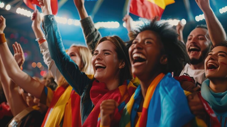 Un grupo de personas están animando y levantando banderas