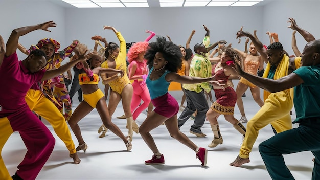 Foto un grupo de personas están bailando en un estudio de baile