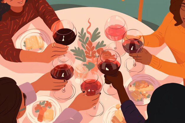 Foto un grupo de personas están brindando copas de vino mientras ven la cena a través