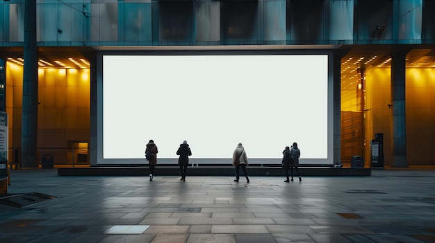 Foto un grupo de personas están caminando alrededor de una gran pantalla blanca