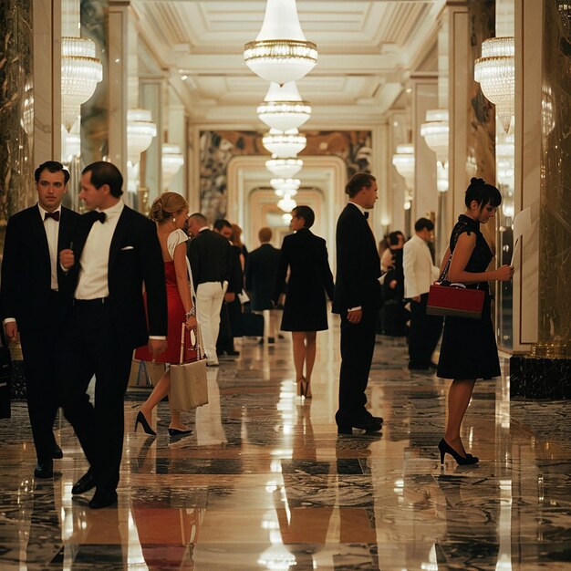 Foto un grupo de personas están caminando en un pasillo con un hombre con un tuxedo