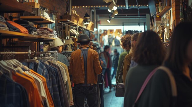 Un grupo de personas están caminando a través de una tienda de ropa AIG41