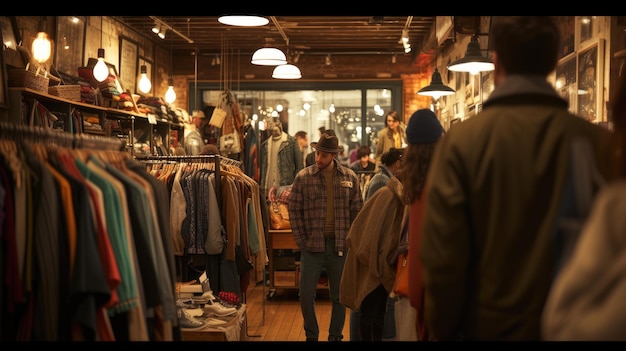 Un grupo de personas están caminando a través de una tienda de ropa AIG41