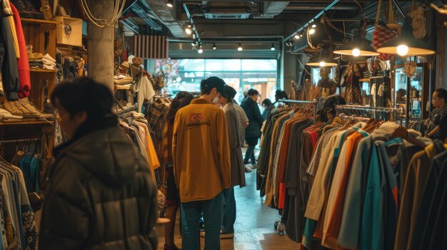 Un grupo de personas están caminando a través de una tienda de ropa aig