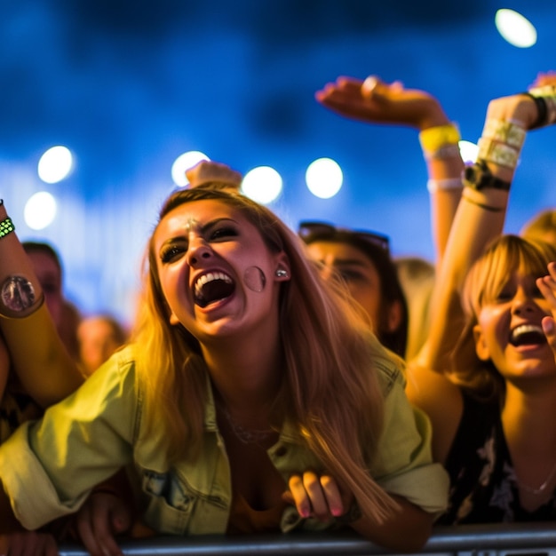 Un grupo de personas están en un concierto, uno de ellos lleva una camiseta amarilla.