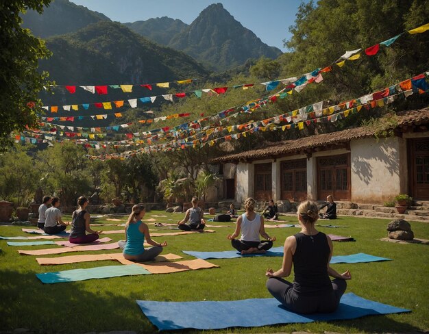 Foto un grupo de personas están haciendo yoga frente a una montaña