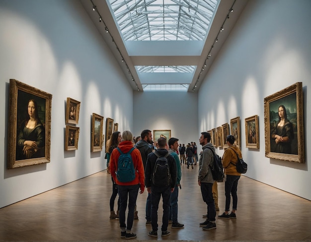 un grupo de personas están mirando pinturas en un museo