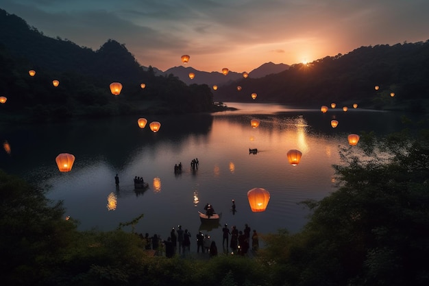 Un grupo de personas están de pie en el agua y linternas voladoras con el cielo de fondo.