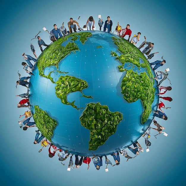 un grupo de personas están de pie alrededor de un globo con la palabra mundo en él