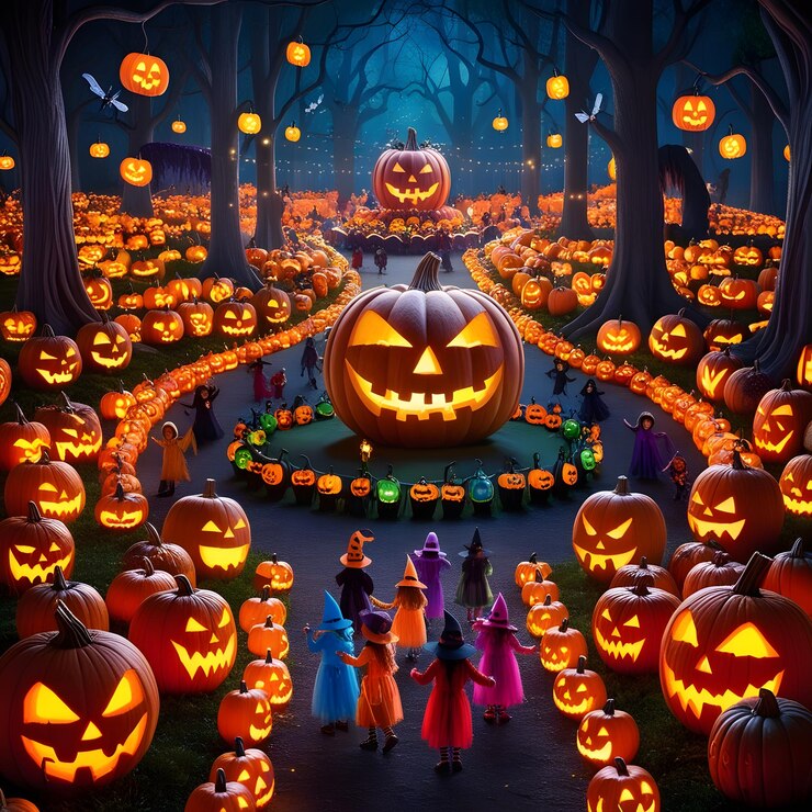un grupo de personas están de pie en un círculo de calabazas