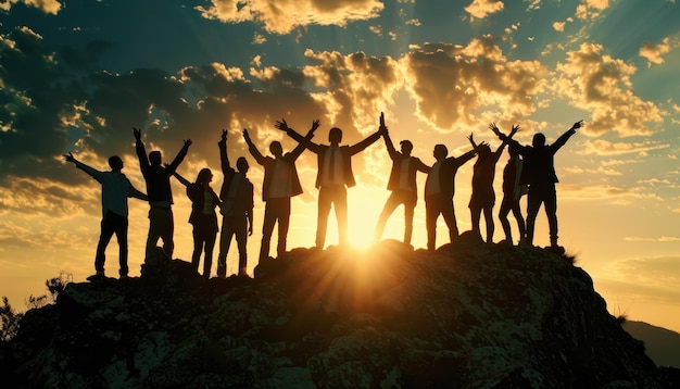 Un grupo de personas están de pie en una colina con el sol brillando sobre ellos por una imagen generada por AI