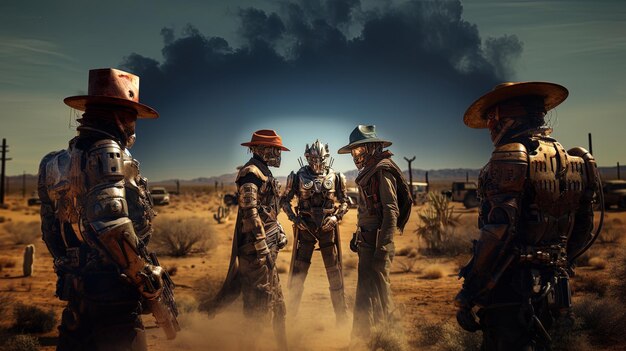 Foto un grupo de personas están de pie en el desierto y uno de ellos está usando un sombrero