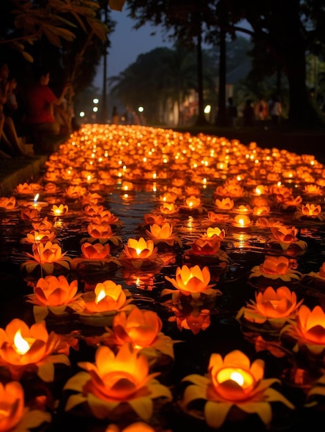 un grupo de personas están de pie en un estanque con muchas velas en el agua.