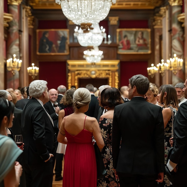 un grupo de personas están de pie en una habitación con un candelabro colgando del techo