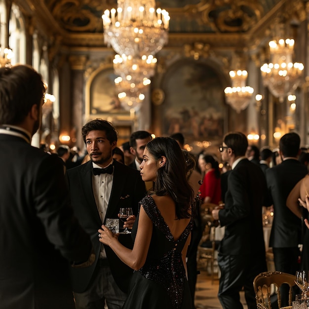 Foto un grupo de personas están de pie en una habitación con un candelabro colgando del techo