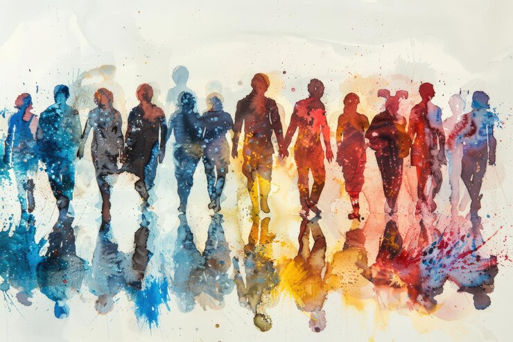 Foto un grupo de personas están pintadas en diferentes colores con algunos siendo azul amarillo generativa ai imagen